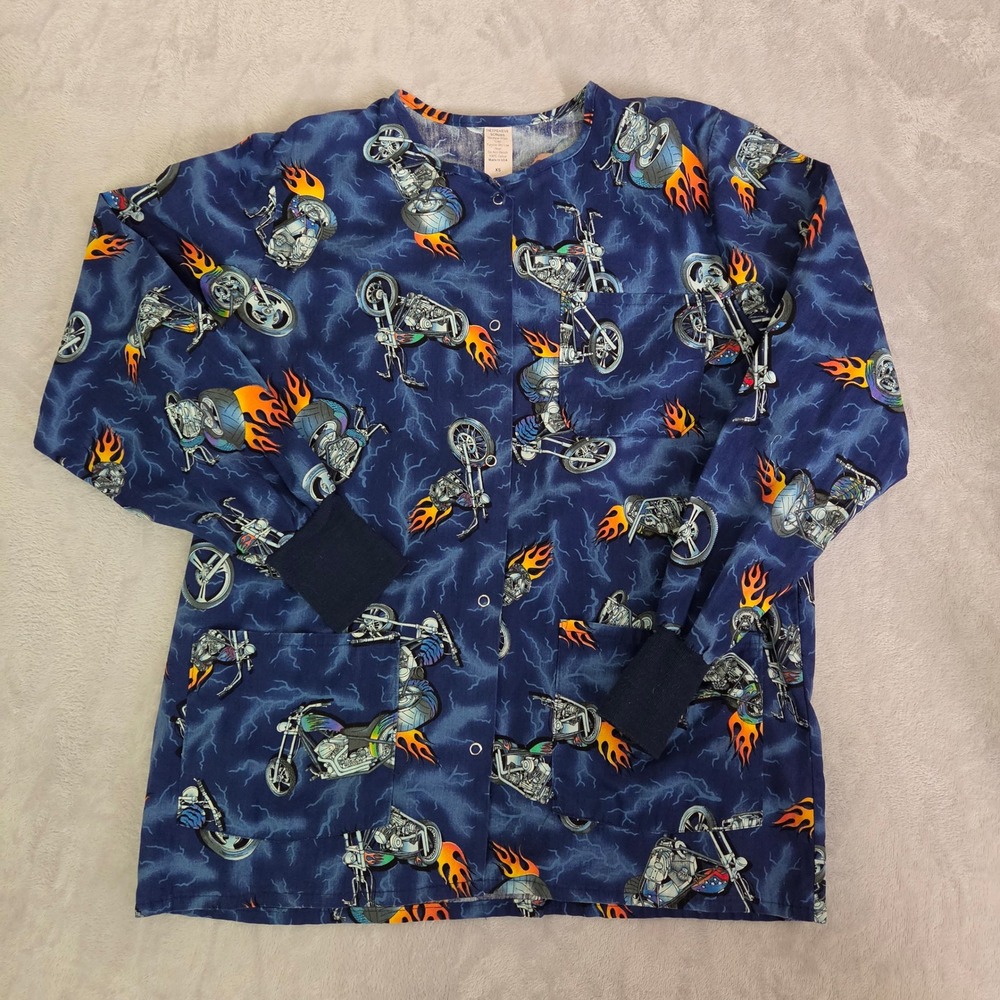 Vtg Blue Motorcycle Flame Lightning Snap Front Scrub Jacket Chopper Biker XS